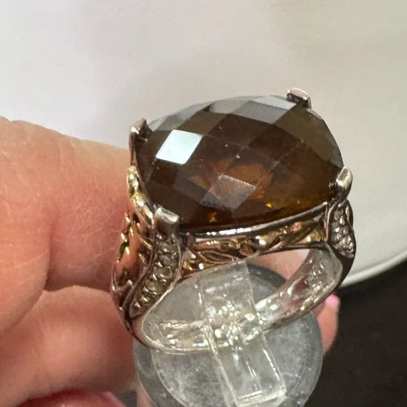 Victoria Wieck 925 Checkerboard Cut Smokey Brown Quartz Ring